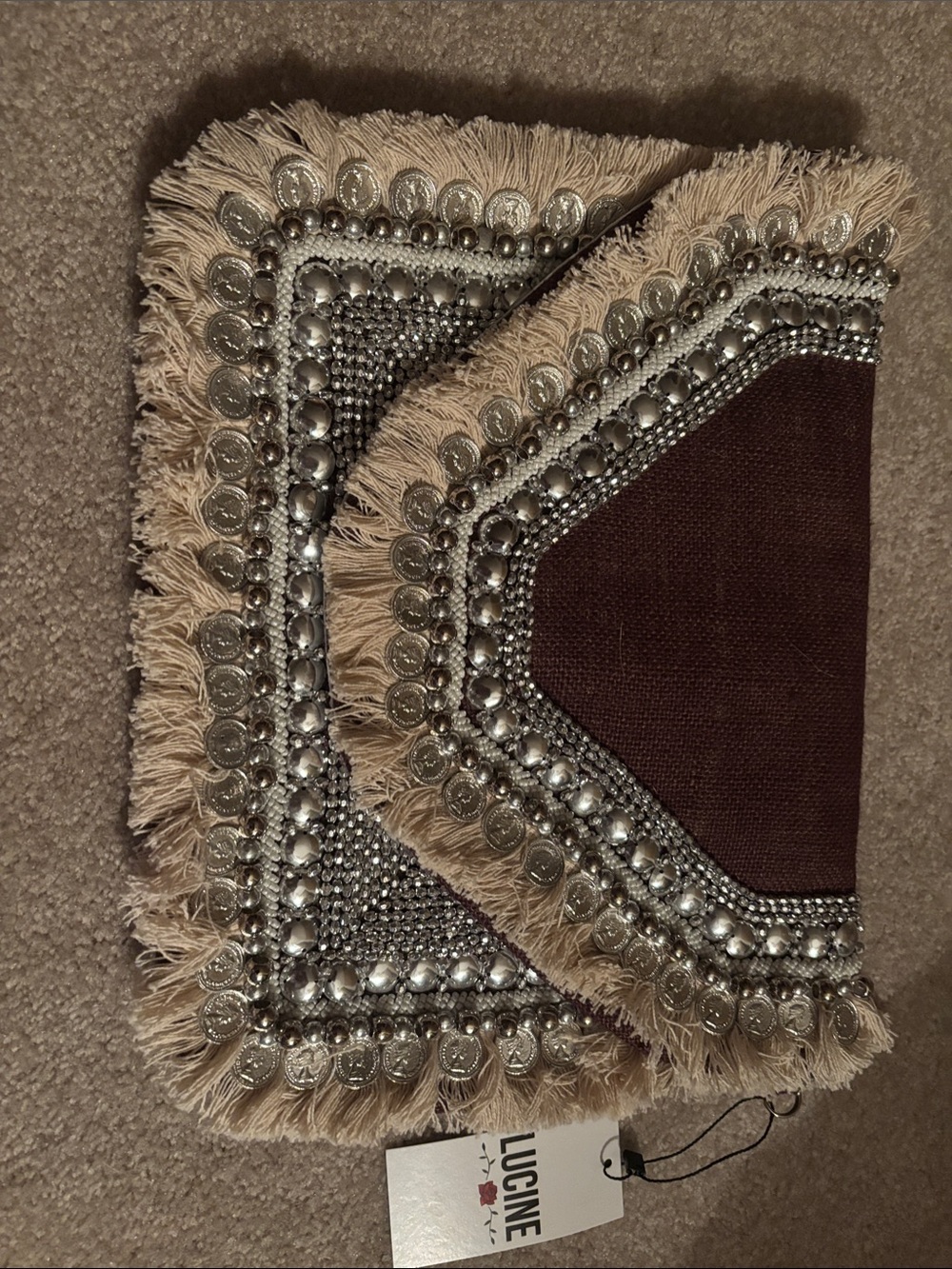 Brown Clutch Purse with fringe and silver coin detail